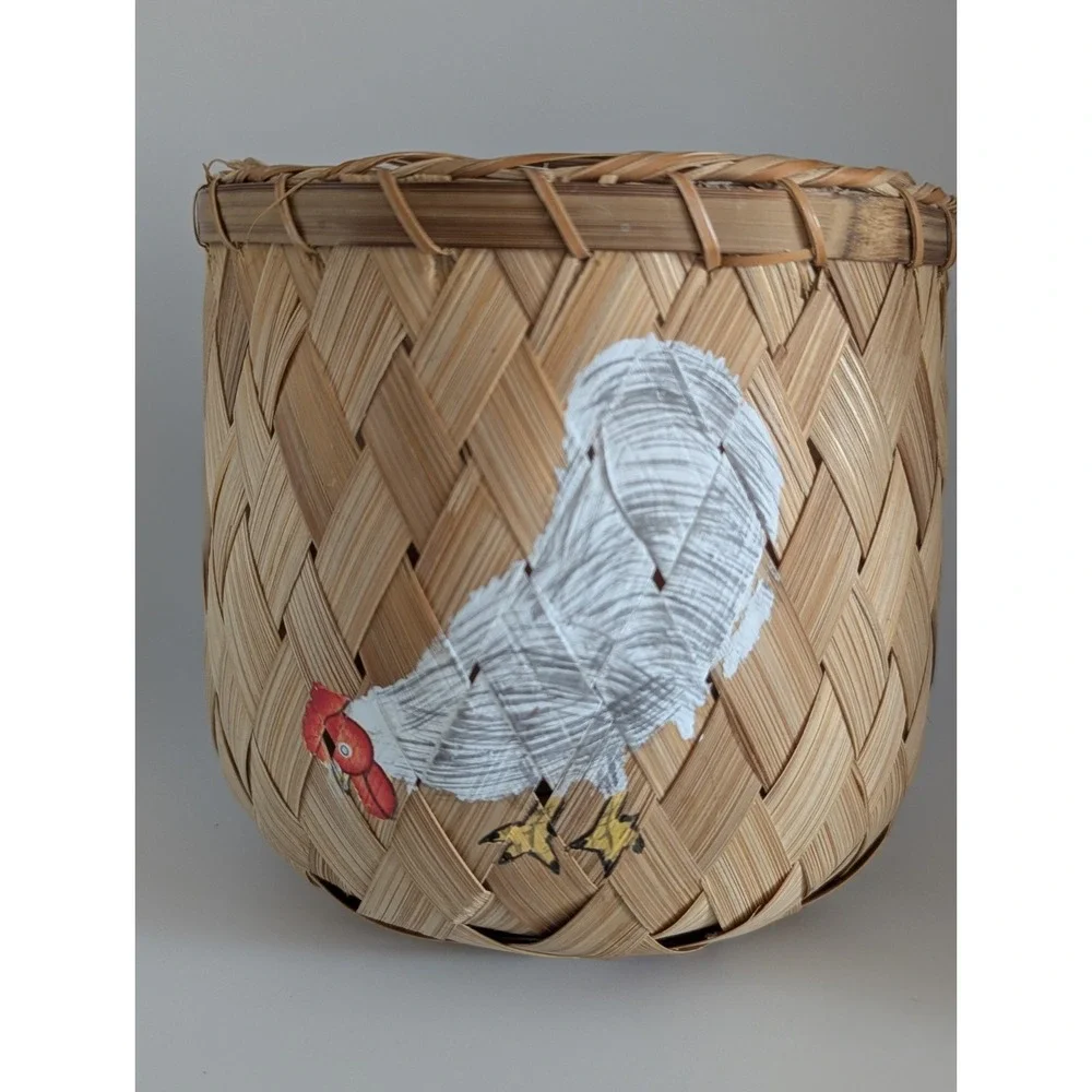 Vintage Wicker Basket Hand Painted Chickens Country Farm Decor 6in